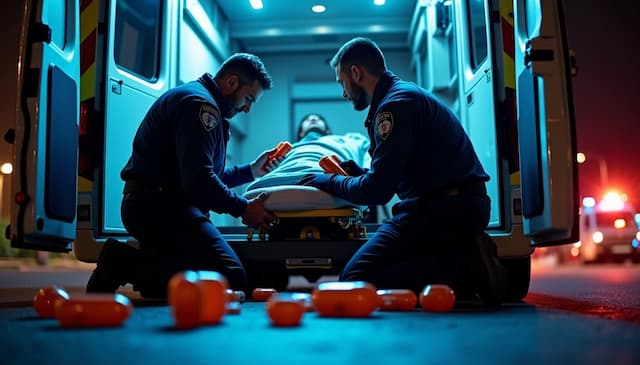Paramedics treat an unresponsive overdose patient in an ambulance with multiple naloxone (Narcan) nasal spray devices visible, illustrating fentanyl and xylazine (“tranq”) overdoses where naloxone alone may not reverse sedation and rescue breathing is critical.