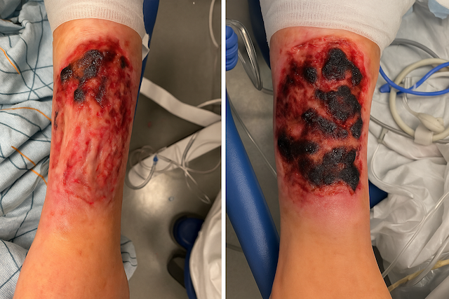 Side-by-side hospital photos of severe necrotic skin ulcers on the lower leg with black eschar and surrounding inflammation, consistent with xylazine-adulterated fentanyl (“tranq”) wounds seen in the current opioid overdose crisis.