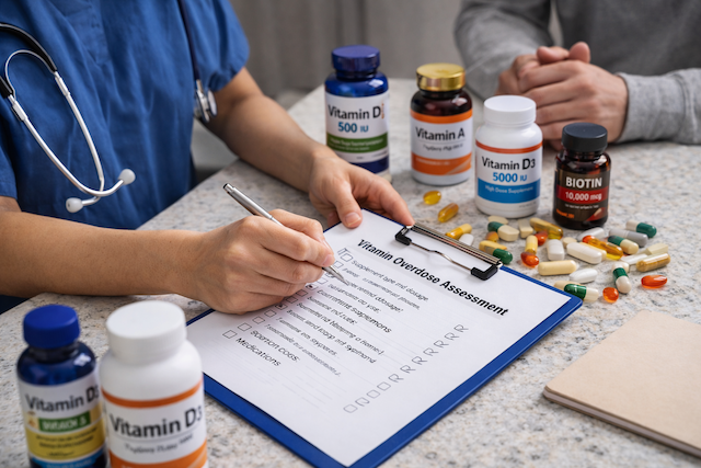 Healthcare provider reviewing vitamin supplements and symptoms with a checklist, demonstrating clinical triage of suspected vitamin overdose and supplement toxicity