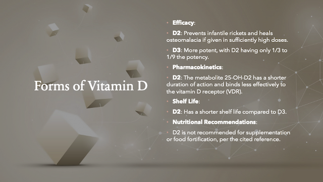 Slide comparing Vitamin D2 and D3 with key points on efficacy, pharmacokinetics, shelf life, and nutritional recommendations. Highlights include D2's lower potency (1/3 to 1/9 of D3), shorter shelf life, and limited binding to vitamin D receptors, alongside the recommendation against using D2 for supplementation. Designed with a modern, professional aesthetic featuring a light brown background, floating 3D cubes, and subtle connecting lines.