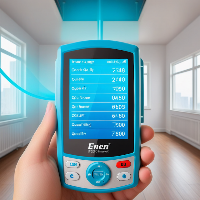 Hand holding an air quality monitor in a room with plasterboard installation, ensuring safe levels of indoor air quality