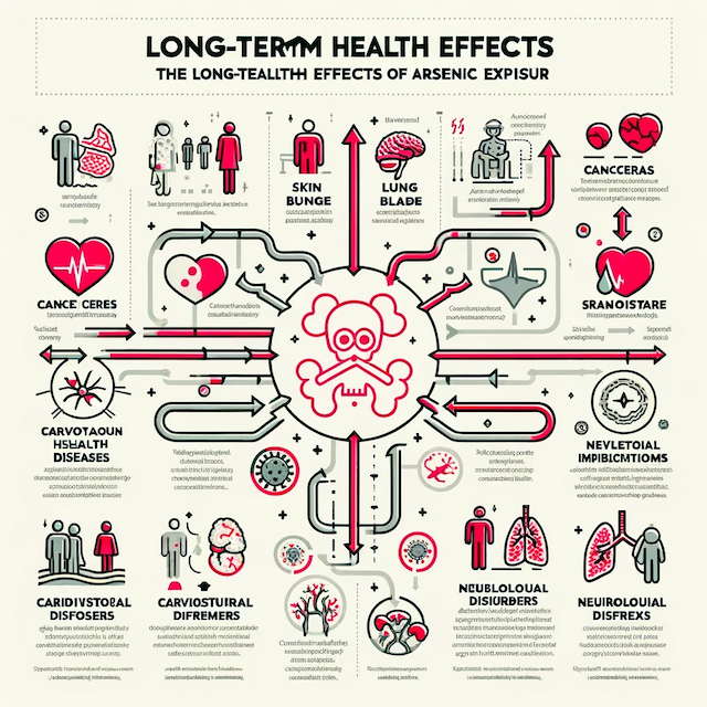 Infographic detailing the long-term health effects of arsenic exposure, such as cancer, cardiovascular diseases, and neurological disorders