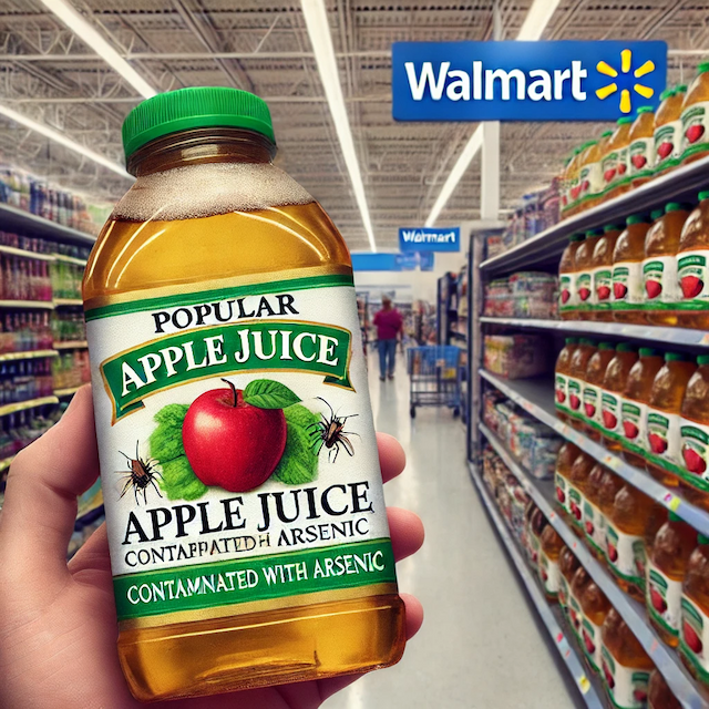 A bottle of apple juice labeled 'Contaminated with Arsenic' being held in a Walmart store aisle, emphasizing the dangers of arsenic contamination in popular apple juice brands and raising awareness about food safety concerns