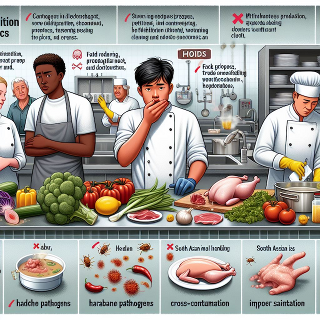 Educational illustration showing how pathogens, toxins, and improper handling can contaminate food