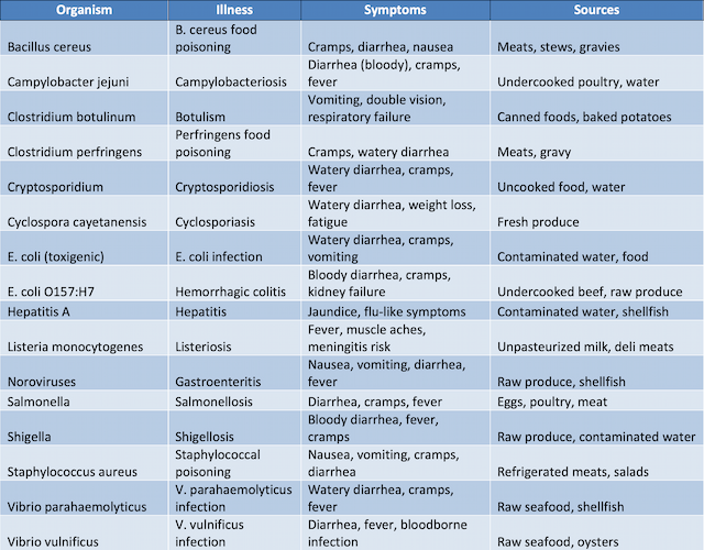 Comprehensive chart detailing bacterial causes of foodborne illnesses, including symptoms such as diarrhea, nausea, and vomiting, along with associated food sources like meats, poultry, and raw produce.