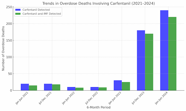Bar chart showing the trends in overdose deaths involving carfentanil and carfentanil with illegally manufactured fentanyls (IMFs) from January 2021 to June 2024. The data illustrates a sharp increase in deaths, peaking in January–June 2024, highlighting the growing impact of carfentanil in the opioid crisis.