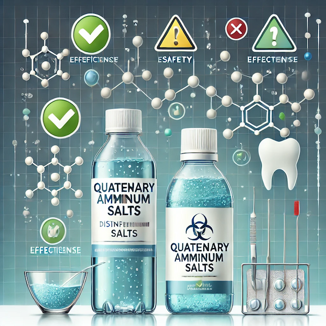 An educational illustration featuring a disinfectant bottle and dental rinse labeled with quaternary ammonium compounds, surrounded by green checkmarks for efficacy and red caution symbols for potential safety concerns. The background includes molecular diagrams and gradients of blue and white, representing hygiene and scientific analysis