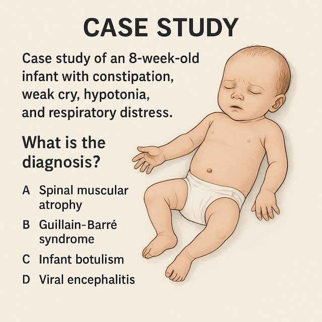 Illustration of an 8-week-old infant with infant botulism showing weak cry, hypotonia, bilateral ptosis, and respiratory distress, highlighting key clinical features and supportive care