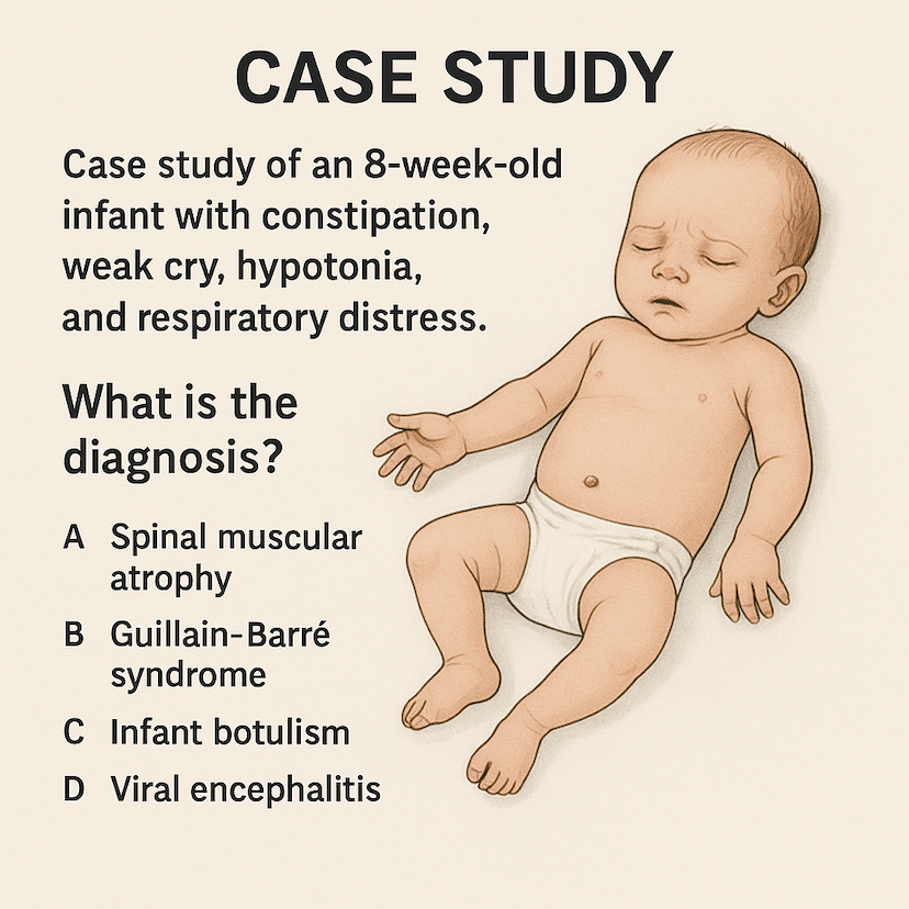 Illustration of an 8-week-old infant with infant botulism showing weak cry, hypotonia, bilateral ptosis, and respiratory distress, highlighting key clinical features and supportive care