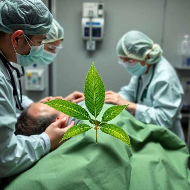 Medical team treating patient with suspected Kratom overdose in hospital setting, symbolized by Kratom leaf – opioid withdrawal management and alternative medicine concept