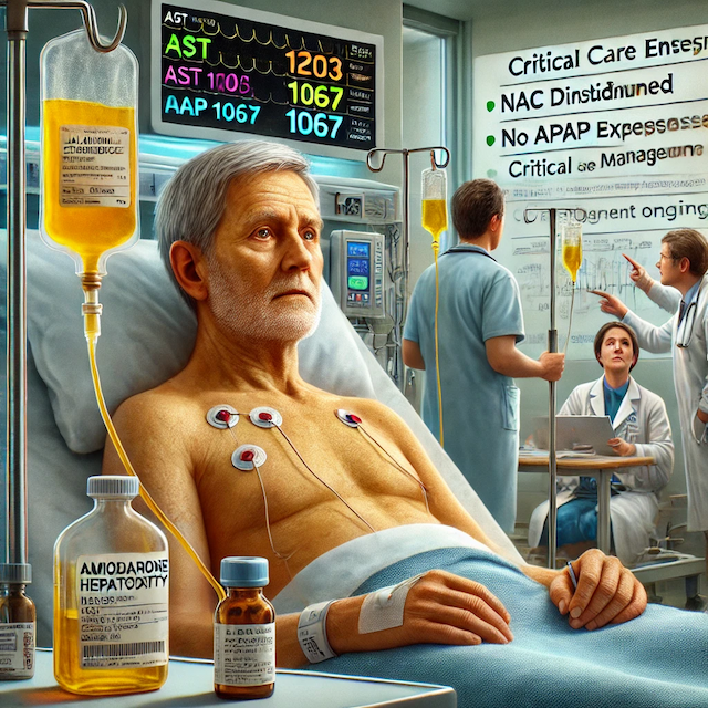 Medical illustration of a 72-year-old male with jaundice, receiving critical care for suspected amiodarone-induced hepatotoxicity, with doctors consulting nearby and monitoring equipment in a hospital setting.