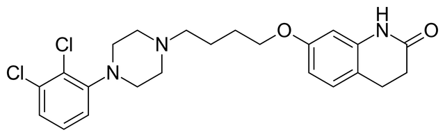 Chemical structure of Aripiprazole, an antipsychotic medication used to treat schizophrenia and bipolar disorder. The molecular diagram illustrates the arrangement of atoms and bonds critical to the drug's pharmacological effects