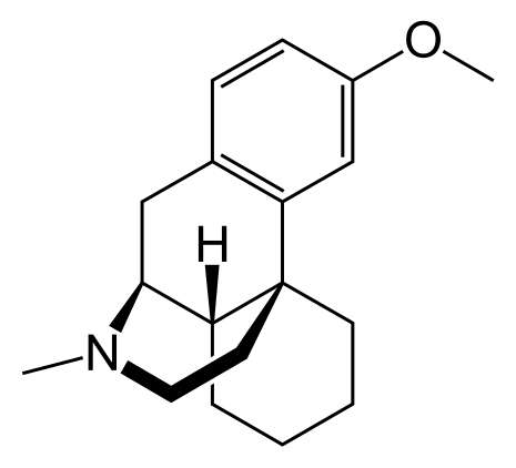 Structural diagram of Dextromethorphan, a common cough suppressant, showing its chemical structure, including molecular bonds and functional groups