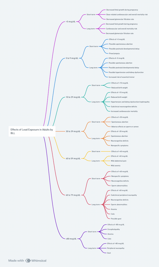 Infographic titled “Effects of Lead Exposure in Adults by BLL” showing short-term and long-term health effects of lead at different blood lead levels (BLL) including <5, 5–9, 10–29, 30–39, 40–59, 60–79, and ≥80 mcg/dL. Highlights risks such as anemia, kidney dysfunction, neurocognitive deficits, hypertension, reproductive issues, spontaneous abortion, encephalopathy, and gout. A visual guide for toxicology, occupational health, and environmental medicine professionals.