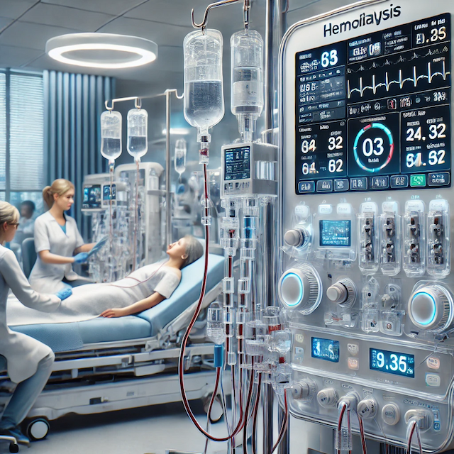High-tech hemodialysis machine used for poisoning treatment in a modern hospital setting, featuring advanced digital displays, clear tubing, and medical staff monitoring the procedure for effective toxin removal.