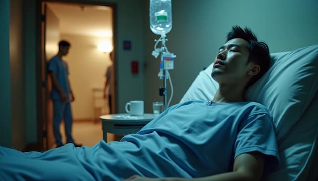 Jackson Wang hospitalized in a dim hospital room, lying weak on a bed with IV drip after sudden severe food poisoning, receiving emergency medical treatment