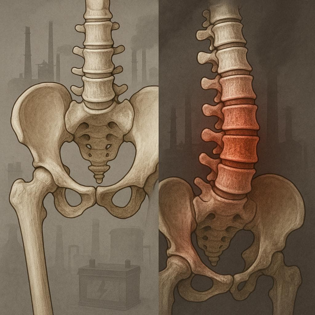 Digital medical illustration comparing femur and lumbar spine bone density, highlighting lead poisoning effects on lumbar vertebrae with industrial pollution background—ideal for articles on lead toxicity, spine health, and occupational exposure risks