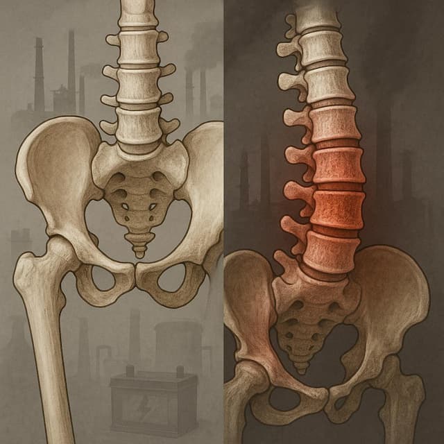 Digital medical illustration comparing femur and lumbar spine bone density, highlighting lead poisoning effects on lumbar vertebrae with industrial pollution background—ideal for articles on lead toxicity, spine health, and occupational exposure risks