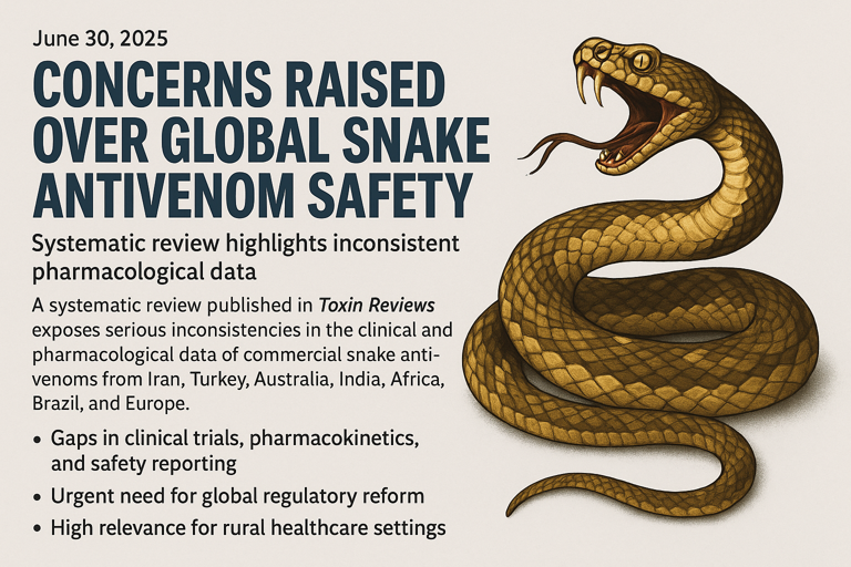 Infographic titled 'Concerns Raised Over Global Snake Antivenom Safety' published June 30, 2025, featuring a coiled venomous snake illustration alongside key findings from a systematic review in Toxin Reviews. Highlights include inconsistent pharmacological data, lack of clinical trials, gaps in dosing and safety reporting for antivenoms used in Iran, Turkey, Australia, India, Africa, Brazil, and Europe—underscoring urgent global health concerns