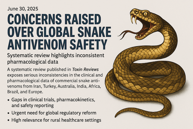 Infographic titled 'Concerns Raised Over Global Snake Antivenom Safety' published June 30, 2025, featuring a coiled venomous snake illustration alongside key findings from a systematic review in Toxin Reviews. Highlights include inconsistent pharmacological data, lack of clinical trials, gaps in dosing and safety reporting for antivenoms used in Iran, Turkey, Australia, India, Africa, Brazil, and Europe—underscoring urgent global health concerns