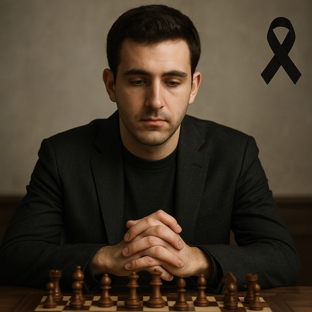 Memorial portrait of Daniel Naroditsky at a chessboard, hands folded, in muted tones with a small black ribbon in the top-right corner
