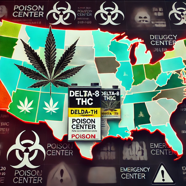 Map of the United States highlighting regions, particularly the Southern US, indicating varying levels of Delta-8 THC exposure, with cannabis leaves and poison center symbols emphasizing the connection between cannabis regulations and public health concerns.