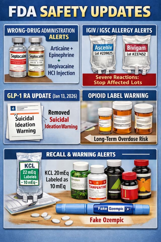 FDA safety updates infographic highlighting preventable medication risks including wrong-drug administration with Septocaine and mepivacaine, IGIV and IGSC lot-specific anaphylaxis alerts for Asceniv and Bivigam, GLP-1 receptor agonist labeling update removing suicidal ideation language, opioid long-term overdose risk warnings, potassium chloride mislabeling recall, adulterated supplements, and counterfeit Ozempic warnings in the U.S. drug supply.
