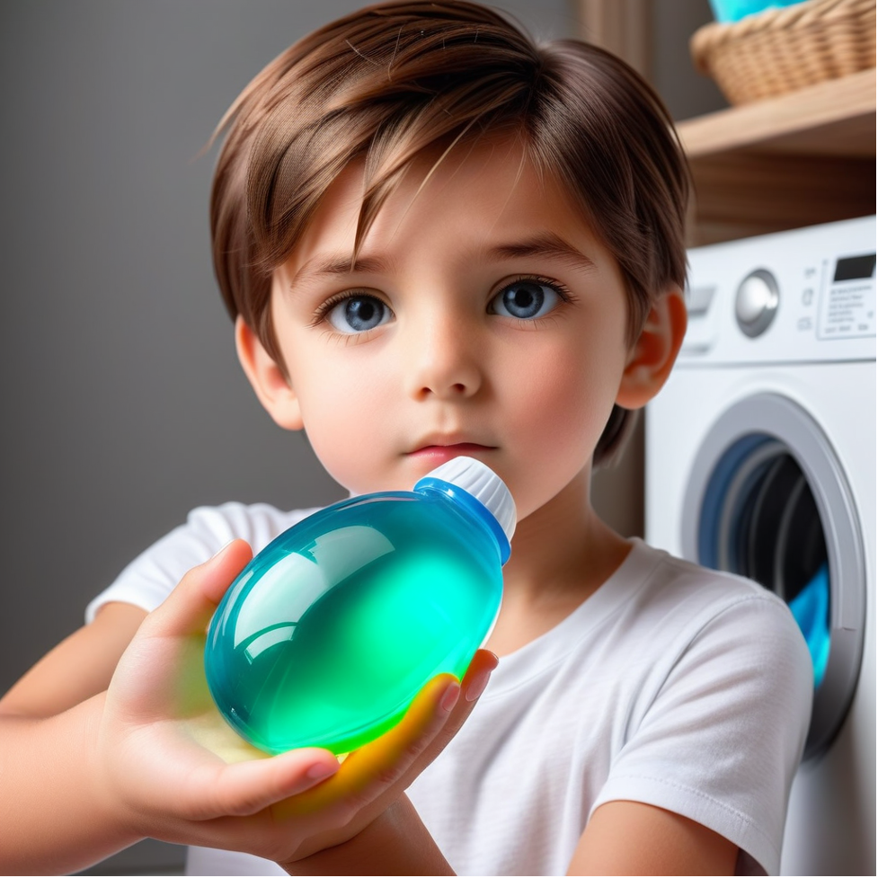 Young child holding a colorful liquid laundry detergent capsule near a washing machine — highlighting the risk of pediatric poisoning from detergent pods, as discussed in a 2024 Clinical Toxicology study
