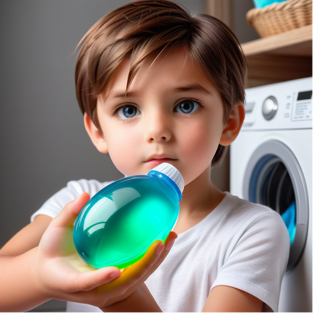 Young child holding a colorful liquid laundry detergent capsule near a washing machine — highlighting the risk of pediatric poisoning from detergent pods, as discussed in a 2024 Clinical Toxicology study