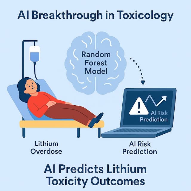 Infographic illustrating AI breakthrough in toxicology showing how a random forest model predicts lithium overdose outcomes using risk prediction tools for acute poisoning management