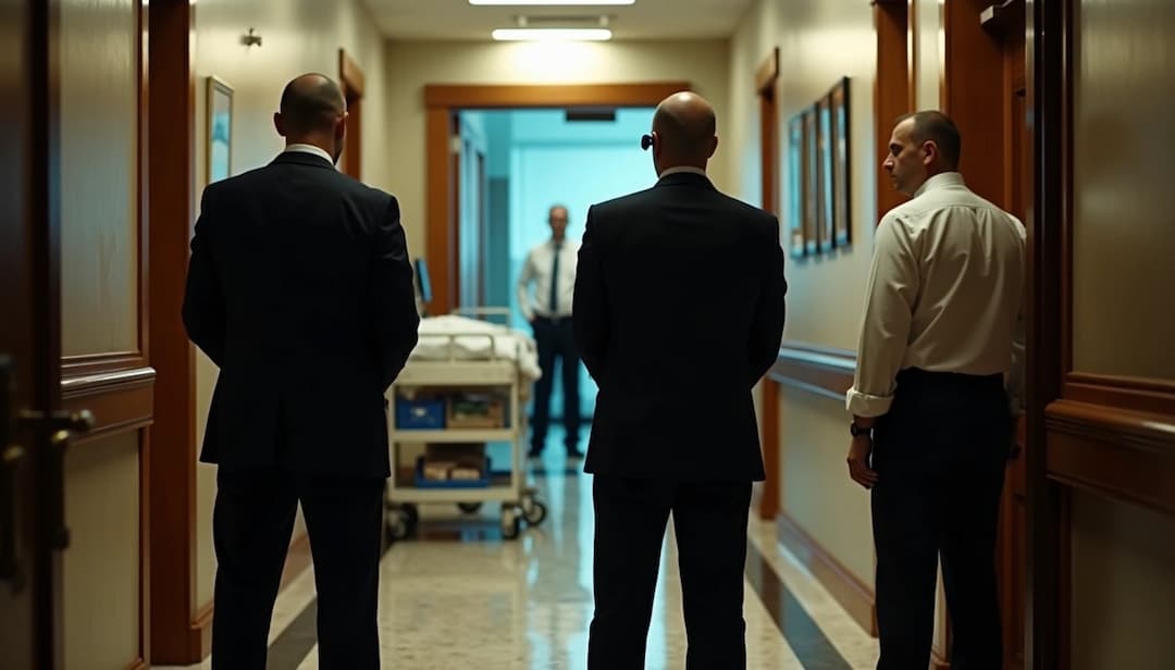 Security detail guards a hospital corridor in Moscow after reported Bashar al-Assad poisoning attempt—men in suits blocking access near a stretcher and medical staff, highlighting tight protection, secrecy, and Kremlin silence in Assad’s Russian exile