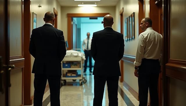 Security detail guards a hospital corridor in Moscow after reported Bashar al-Assad poisoning attempt—men in suits blocking access near a stretcher and medical staff, highlighting tight protection, secrecy, and Kremlin silence in Assad’s Russian exile