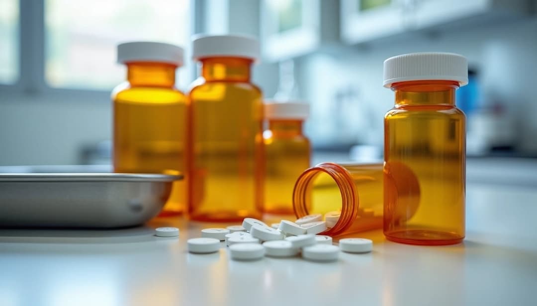 Prescription pill bottles with white tablets on a countertop — illustration for 2025 Atorvastatin recall article explaining failed dissolution tests, affected lot codes/NDCs, and guidance for patients on cholesterol-lowering statin safety