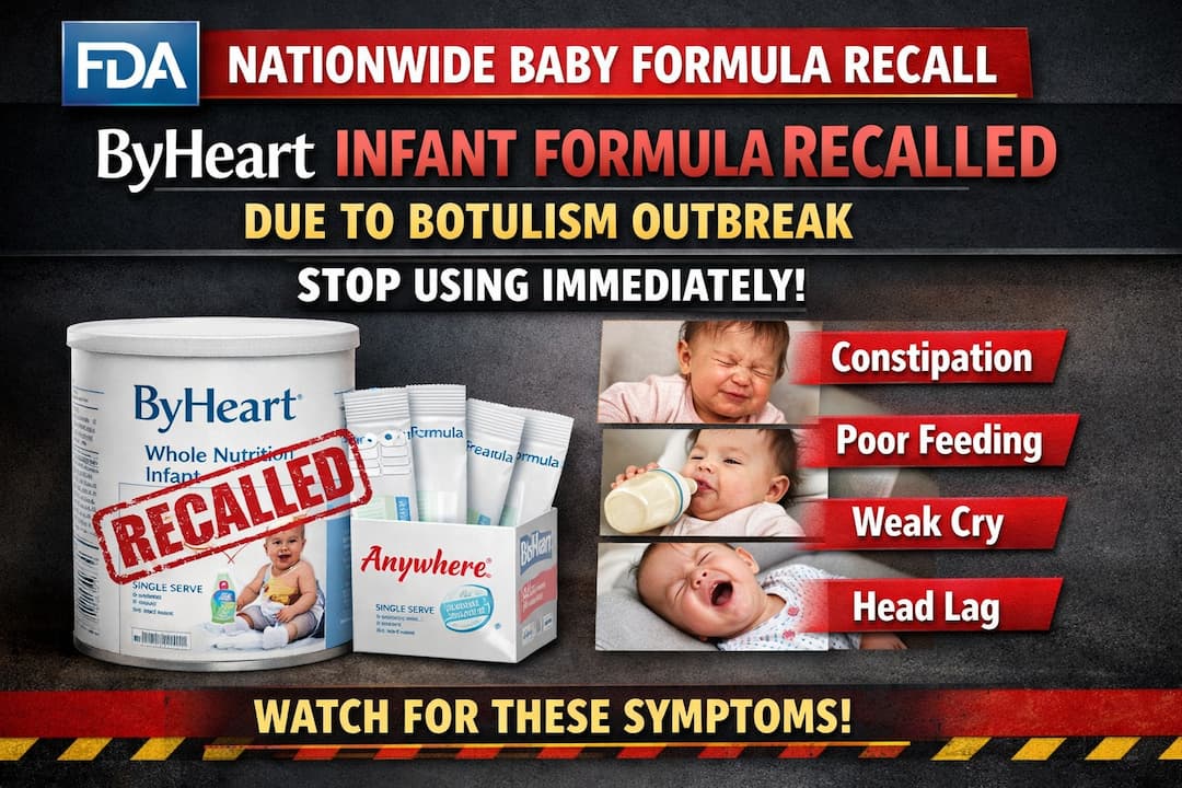 FDA nationwide recall of ByHeart infant formula due to infant botulism outbreak, showing recalled formula containers and warning symptoms including constipation, poor feeding, weak cry, and head lag in babies.