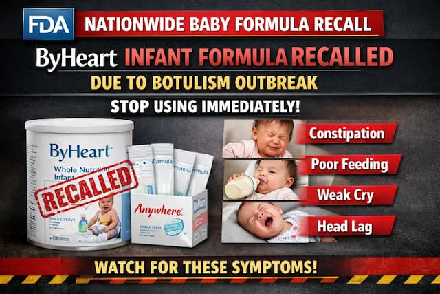 FDA nationwide recall of ByHeart infant formula due to infant botulism outbreak, showing recalled formula containers and warning symptoms including constipation, poor feeding, weak cry, and head lag in babies.
