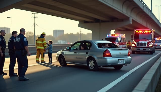 Emergency responders rescue unconscious family from carbon monoxide car accident on Route 363 in Binghamton, with police officers, firefighters, ambulances, and damaged vehicle on highway