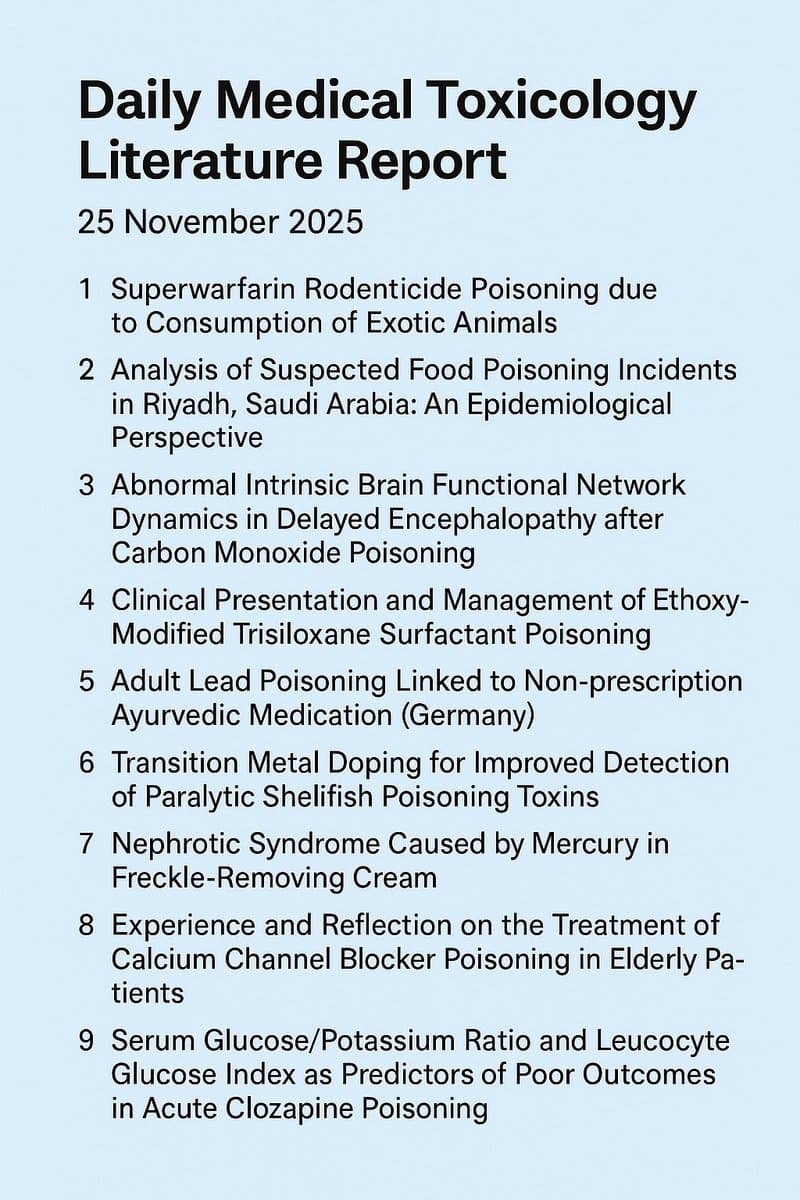 Infographic titled “Daily Medical Toxicology Literature Report – 25 November 2025” summarizing nine new poisoning studies, including superwarfarin rodenticide ingestion, food poisoning in Riyadh, carbon monoxide delayed encephalopathy, surfactant herbicide ingestion, Ayurvedic lead poisoning, paralytic shellfish toxins, mercury cosmetic nephrotic syndrome, elderly calcium channel blocker overdose, and clozapine poisoning outcomes