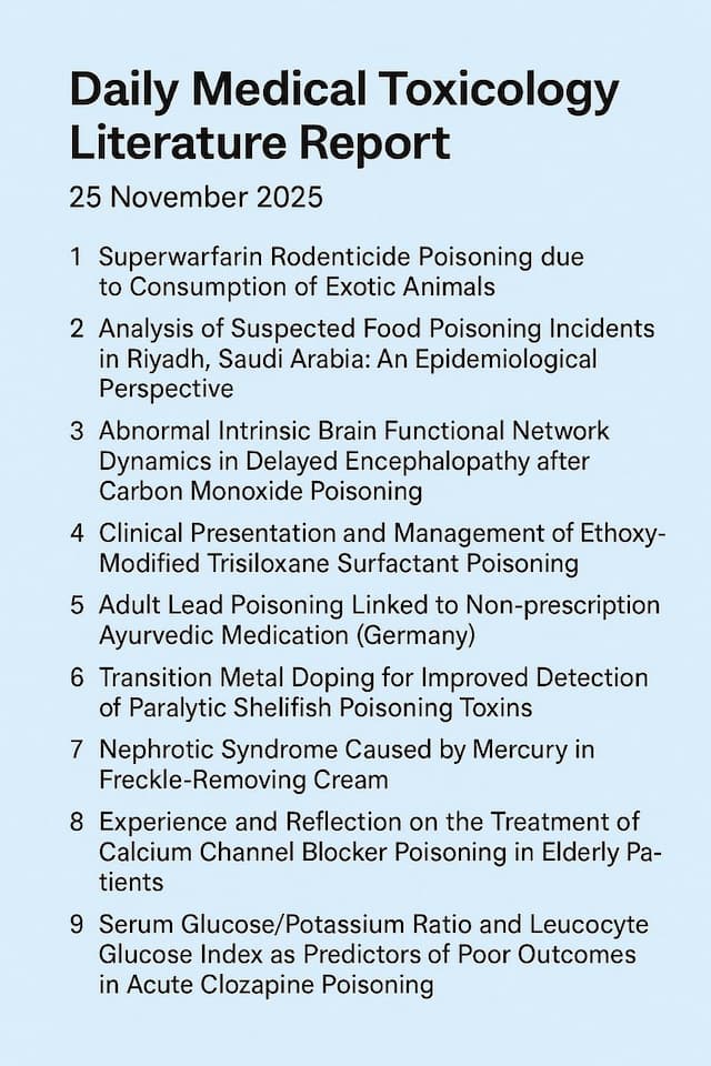Infographic titled “Daily Medical Toxicology Literature Report – 25 November 2025” summarizing nine new poisoning studies, including superwarfarin rodenticide ingestion, food poisoning in Riyadh, carbon monoxide delayed encephalopathy, surfactant herbicide ingestion, Ayurvedic lead poisoning, paralytic shellfish toxins, mercury cosmetic nephrotic syndrome, elderly calcium channel blocker overdose, and clozapine poisoning outcomes