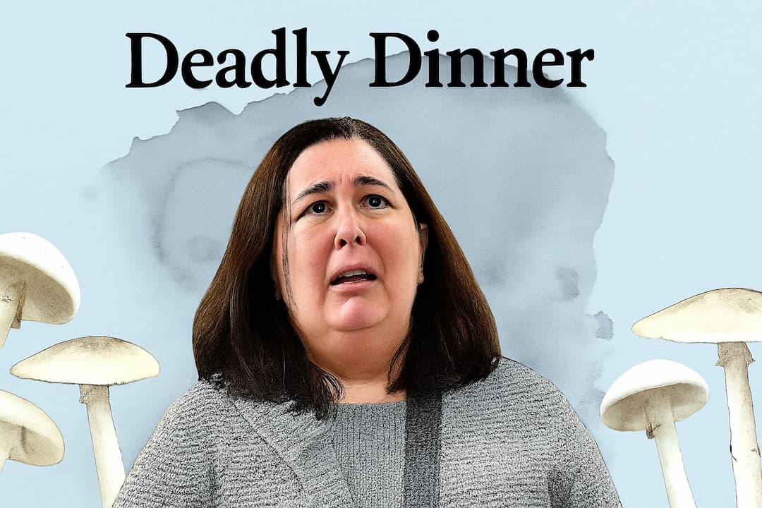 Distressed woman surrounded by toxic mushrooms with the title "Deadly Dinner" above her, illustrating a true crime case involving mushroom poisoning in Australia.