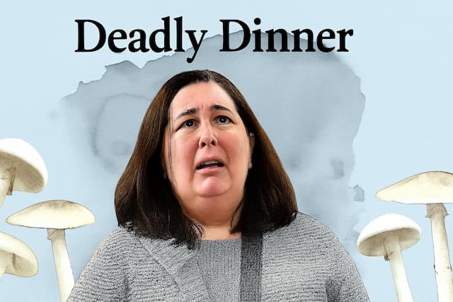 Distressed woman surrounded by toxic mushrooms with the title "Deadly Dinner" above her, illustrating a true crime case involving mushroom poisoning in Australia.
