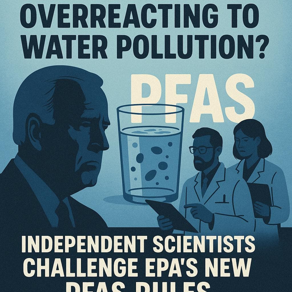Illustration of President Biden, PFAS-contaminated water, and scientists challenging EPA water safety rules; highlights debate over PFAS regulations and water pollution standards in the U.S. — April 2025 environmental news