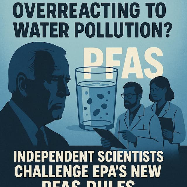 Illustration of President Biden, PFAS-contaminated water, and scientists challenging EPA water safety rules; highlights debate over PFAS regulations and water pollution standards in the U.S. — April 2025 environmental news