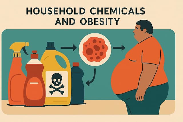 Illustration showing the link between household cleaning chemicals and obesity, with fat cell development depicted between toxic products and an overweight man – symbolizing the impact of metabolism-disrupting chemicals (MDCs)