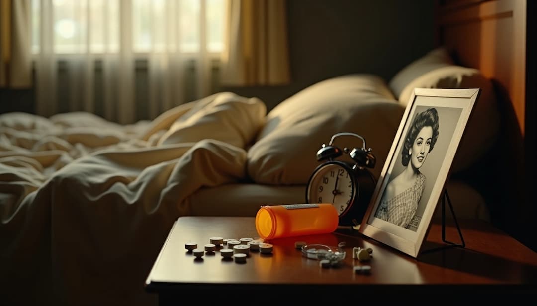 Bedside table scene symbolizing Judy Garland’s death, with an orange pill bottle tipped over, scattered tablets, an old-fashioned alarm clock, and a framed vintage portrait of a glamorous woman beside an unmade bed in soft morning light, used to illustrate “Judy Garland's Death: Why Her Overdose Is Generating New Attention in 2025