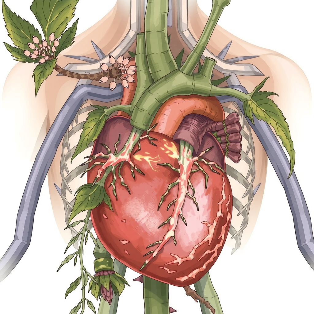 Illustration of severe aconitum poisoning effects on the cardiovascular system, highlighting Jesaconitine monitoring and torsade de pointes treated with extracorporeal membrane oxygenation