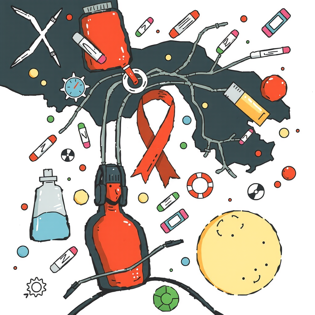 Illustration depicting the impact of overdose and socio-structural factors on mortality among people living with HIV in British Columbia, Canada. Highlights healthcare, substance use, and harm reduction challenges.