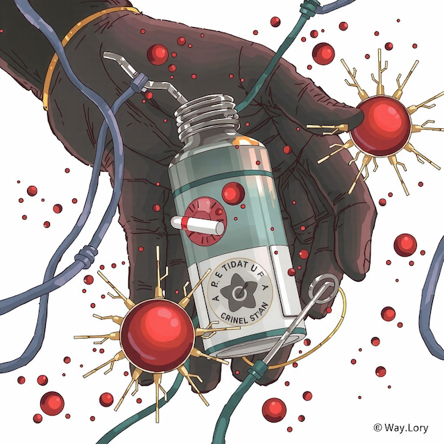 A futuristic medical illustration depicting a hand holding a high-tech vial connected to wires, symbolizing overdose treatment and predictive analytics in harm reduction strategies