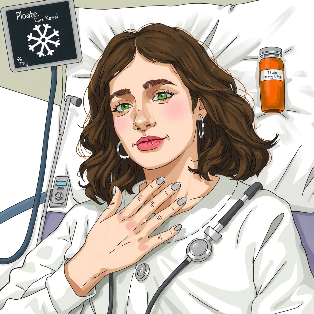 Illustration of a young woman in a hospital bed recovering from a lamotrigine overdose. Related to a case report on drug metabolism, prolonged unconsciousness, and non-linear pharmacokinetics. Read more: https://pubmed.ncbi.nlm.nih.gov/40078254/