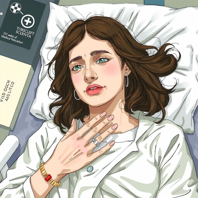 Illustration of a young woman in a hospital bed experiencing neurological symptoms, possibly related to dextromethorphan overdose, with medical documents nearby. Case report on refractory status epilepticus and reversible cranial nerve reflex loss