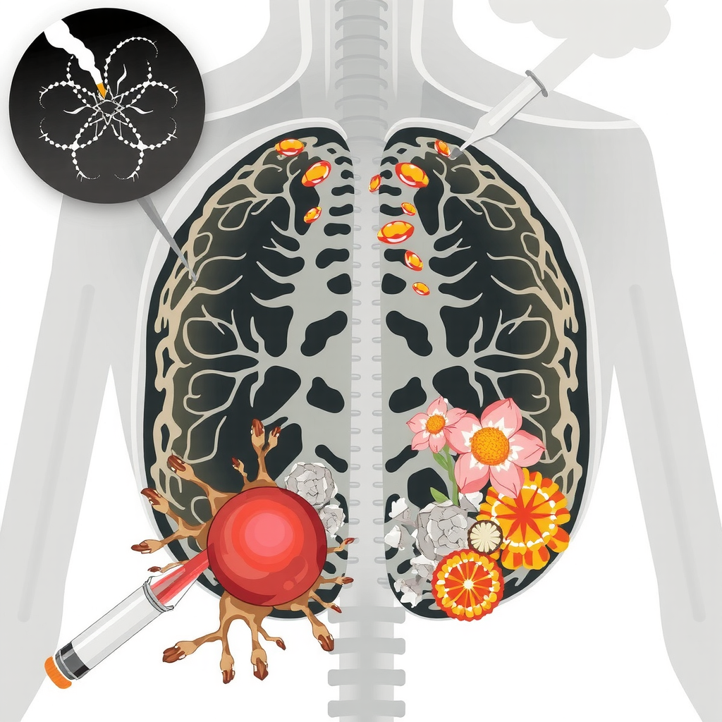 Illustration showing the effects of smoking on neurocognitive outcomes in carbon monoxide poisoning, with symbolic representations of brain damage, inflammation, and contrasting health impacts in the lungs.
